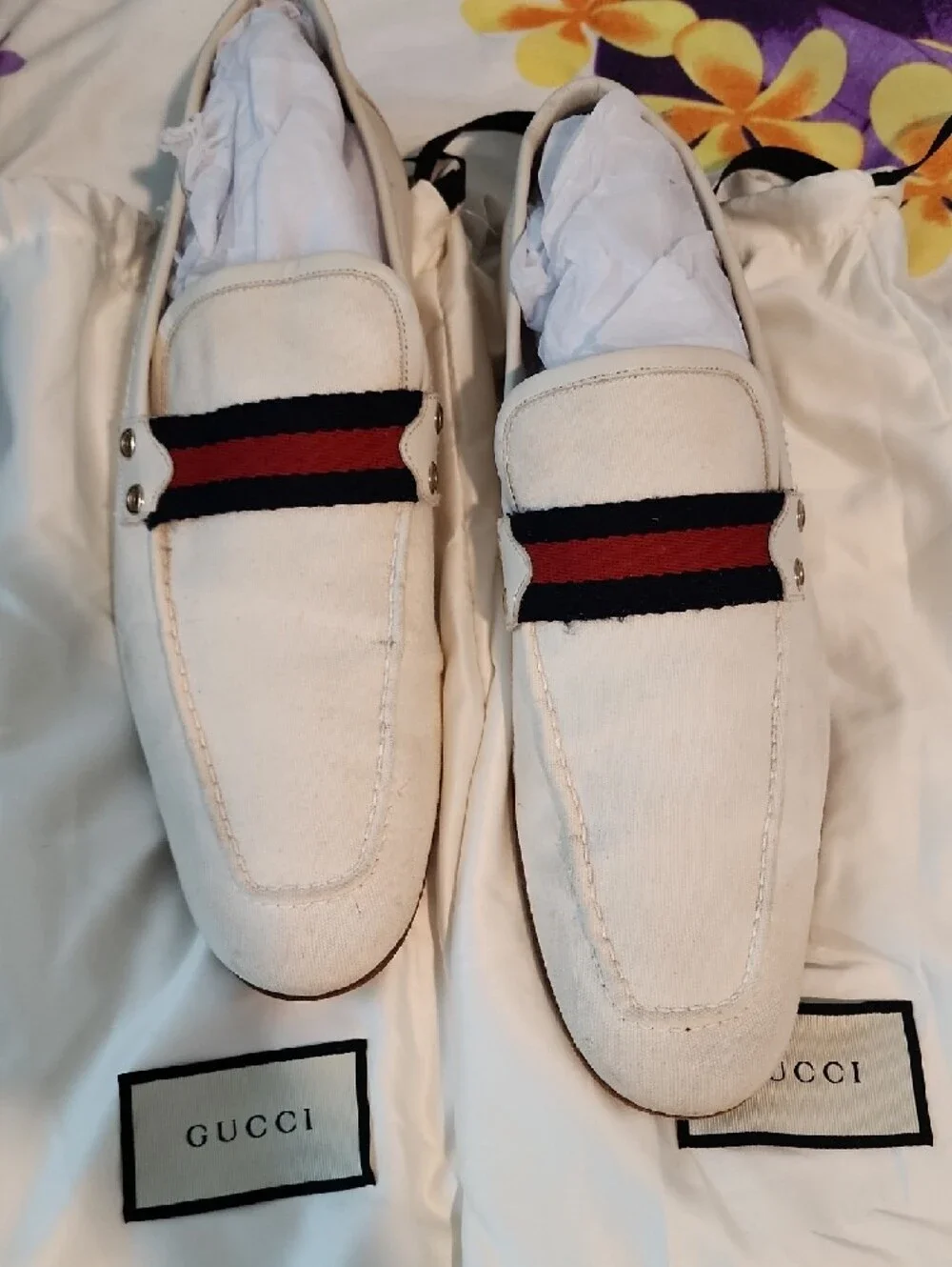 Gucci Ivory Canvas Loafers with Red & Blue Web Stripe